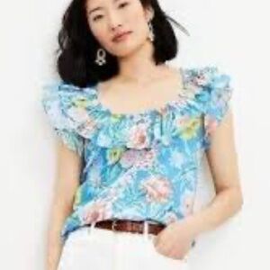 Loft Top Blouse Blue Floral Ruffled Cap Sleeve Lined Size M 100% Cotton, New